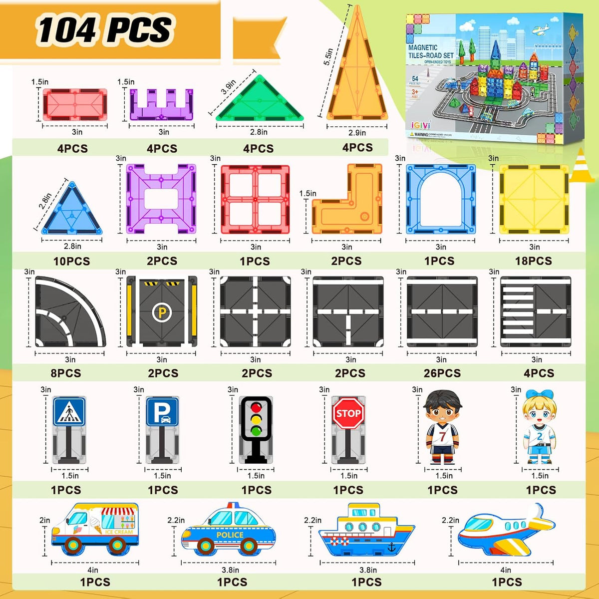 Magworld® 104 PCS Magnetic Tiles Road Set with Car Toys, STEM Magnet B ...