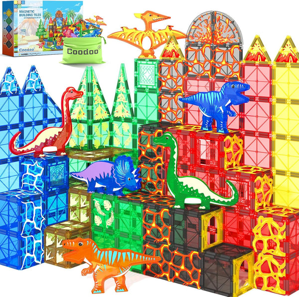 Magworld® 102PCS Dinosaur Toys Magnetic Tiles with 8 Dinosaurs - Jurassic Scenes Dinosaur World Adventure Set, Magnetic Blocks Kids Toys for Boys & Girls Ages 3+, Sensory Toddler Toys Creative Kids Games Gifts