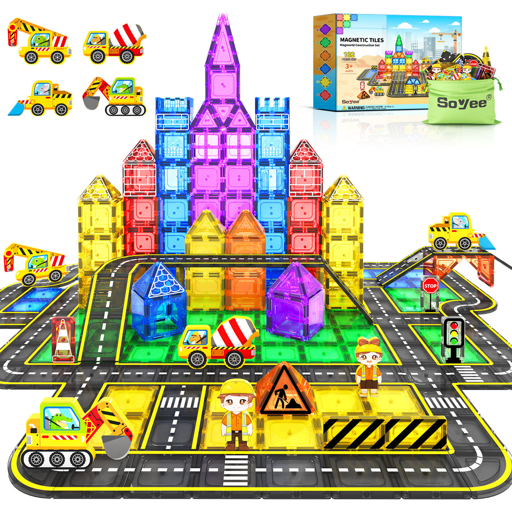 102 PCS Magnetic Tiles Construction Toys Magnet Building Toys for Boys and Girls Ages 3-5 5-7 8-10, STEM Sensory Toys Creative Play Includes Roads, Vehicles, Dolls, Traffic Signs and Construction Sign