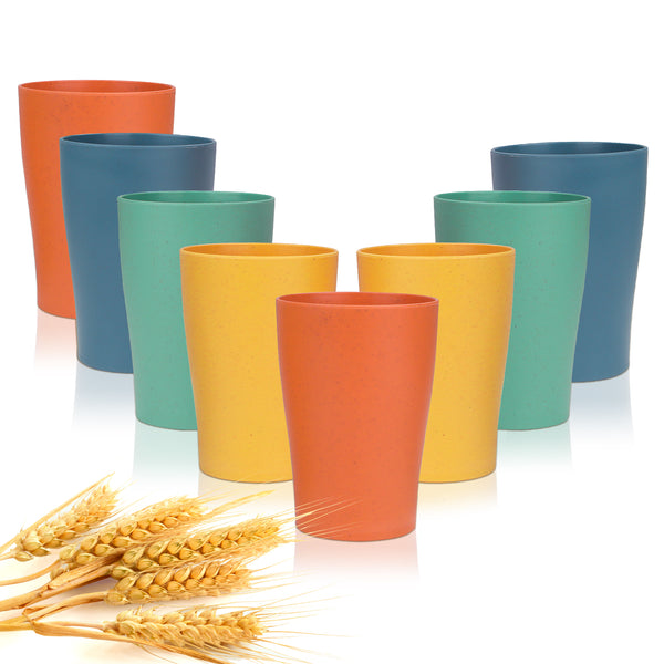 Wotolit Wheat Straw Cups Plastic Cups Unbreakable Drinking Cup Reusable Dishwasher Safe Water Glasses Colorful (Q-8OZ 8PCS)