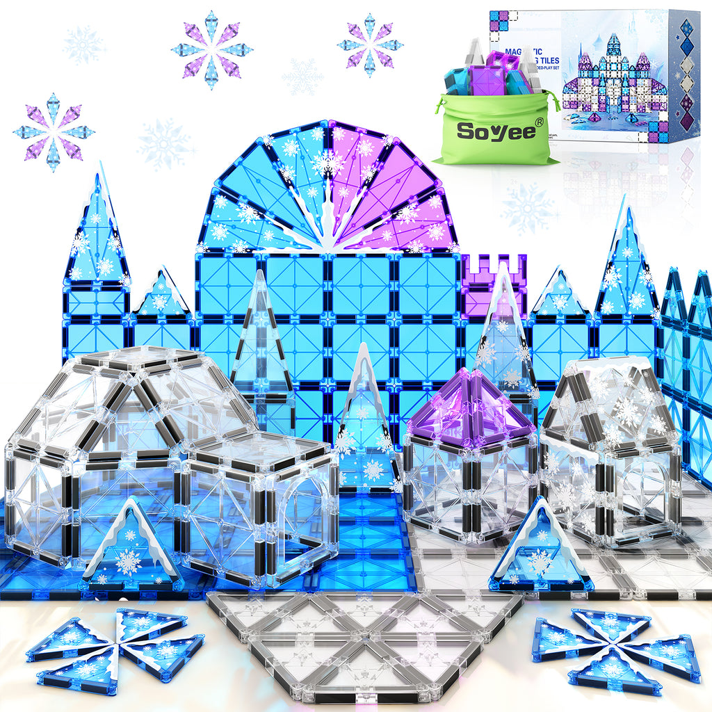 Magnetic Tiles Clear Blue & Purple with Wintry Prints Toys for Ages 3-5 5-7 6-8 Magnet Building Blocks Kids Games Toys Gifts for 3 4 5 6 7 8 + Years Old Girls Boys