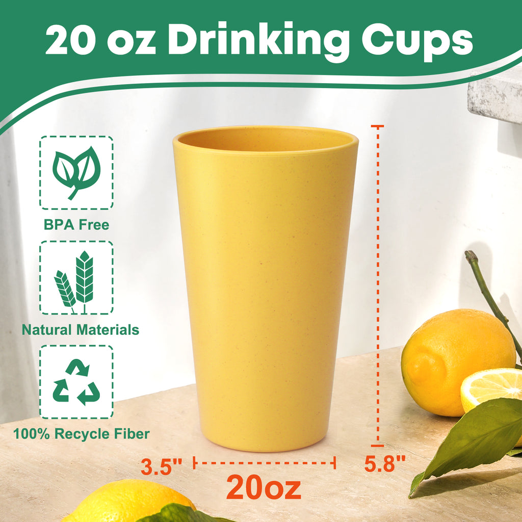 12 Piece Wheat Straw Cups Set - 6 Colors, 12oz & 20oz, Unbreakable