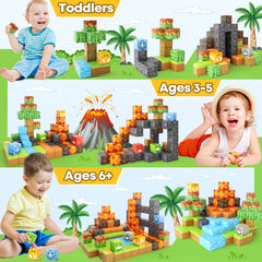 Dinosaur Toys Magnetic Blocks-Build Mine Magnet World® Volcano Edition Kids Toys for 3+ Year Old Boys and Girls Building Blocks Toddler Toys Games Through Jurassic Learning Sensory Toys Gifts