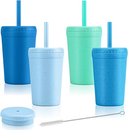 Reusable 10oz Wheat Straw Cups, Durable Water Cups With Lids and Straws for Kids, Chip Resistant Tumbler and Unbreakable Kitchen Drinking Cups, BPA free, Microwave & Dishwasher Safe