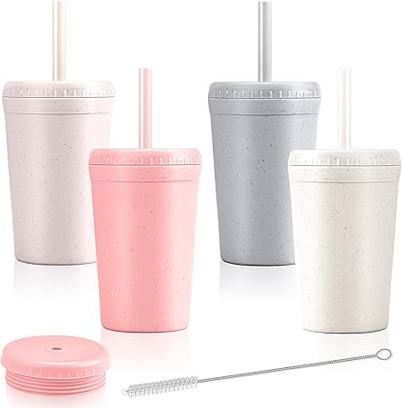 Reusable 10oz Wheat Straw Cups, Durable Water Cups With Lids and Straws for Kids, Chip Resistant Tumbler and Unbreakable Kitchen Drinking Cups, BPA free, Microwave & Dishwasher Safe