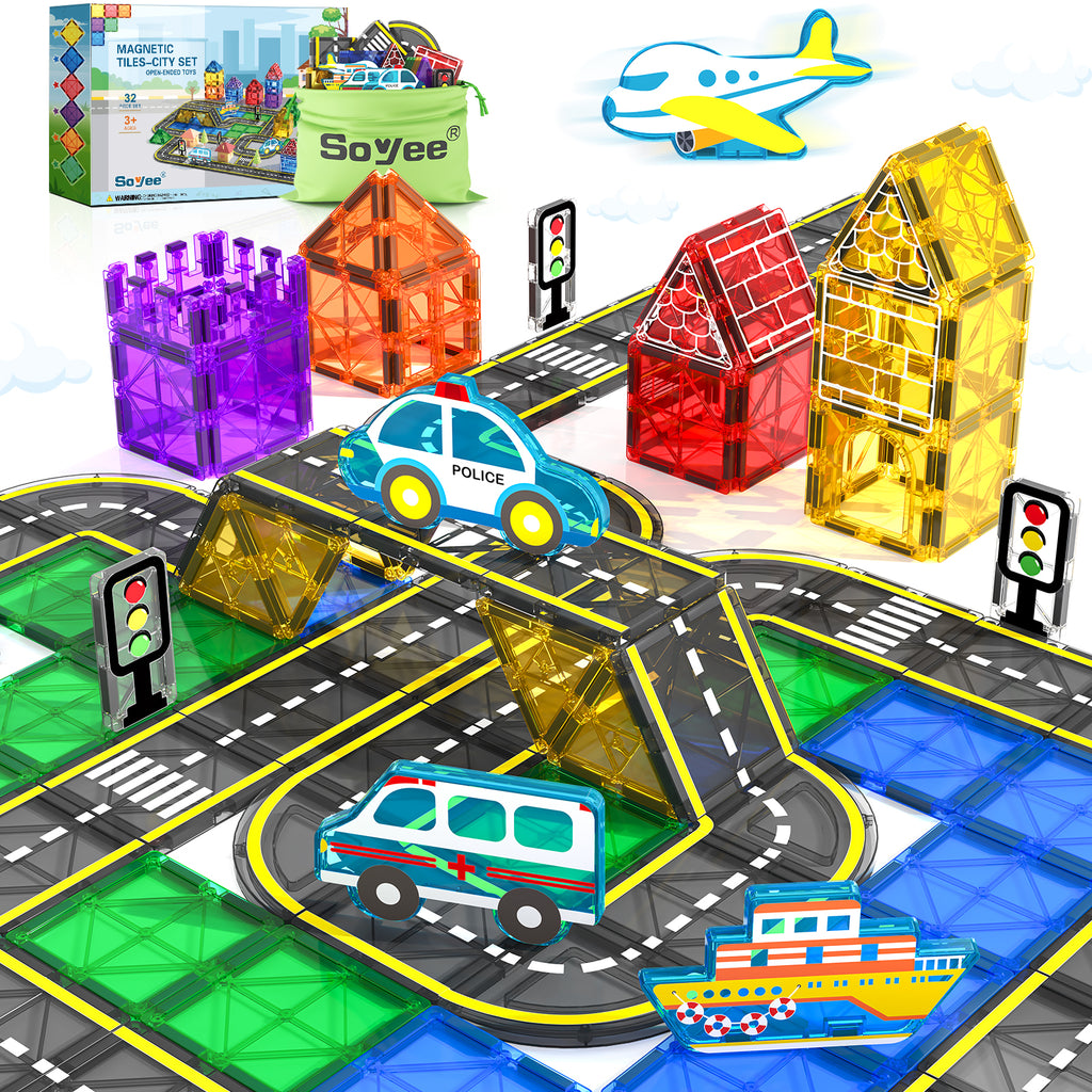 Magworld® Magnetic Tiles Road City Set Boys Toys Ages 3 4 5 6 7 8 with 4 Transport Car Toys Magnet Building Blocks Toddler Toys Road Adventure Printed Street Speedway Highway Gifts for 3+ Year Old Boys Girls