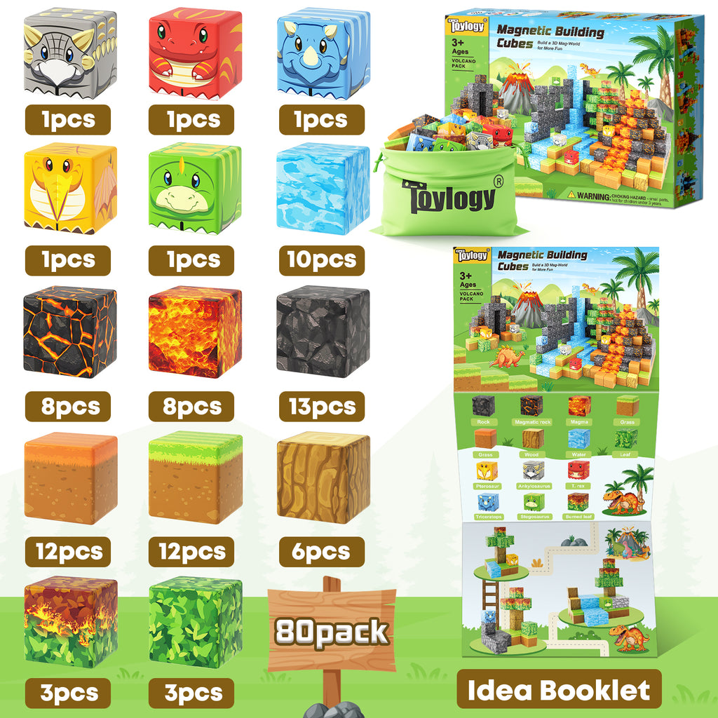 Dinosaur Toys Magnetic Blocks-Build Mine Magnet World® Volcano Edition Kids Toys for 3+ Year Old Boys and Girls Building Blocks Toddler Toys Games Through Jurassic Learning Sensory Toys Gifts