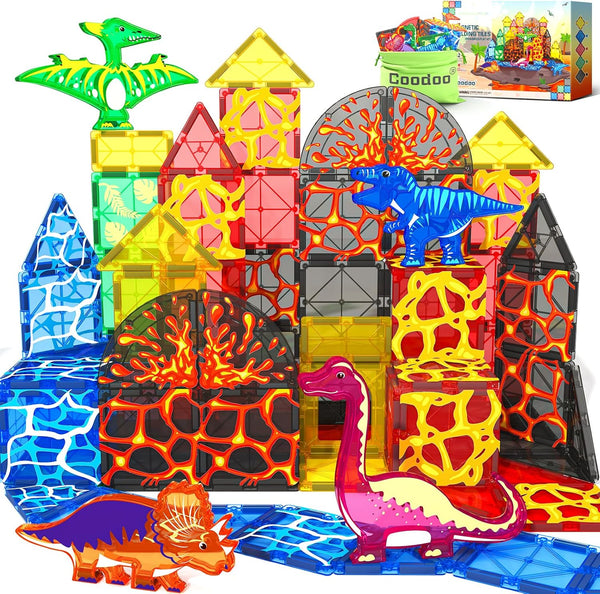 Magworld® Dinosaur Toys Magnetic Tiles Lava Dinosaur World Set - Magnetic Blocks Building Toys for Kids 3-5 5-7 Girls Boys Toys age 4-6 6-8, Classroom Must Haves Toddler Sensory Toys for 3+ Year Old Kids Toys