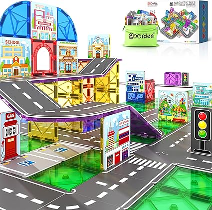 92PCS Magnetic Tiles Build Your Own Live City Toddlers Kids Toys City Road Construction Sensory Toys Preschool Learning Play with Cars Pretend Play Toy Gift for 3 4 5 6 7 Year Old Boys Girls