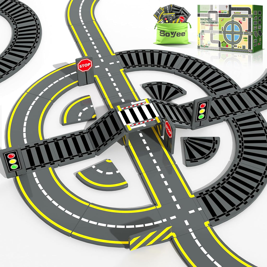 Magworld® Magnetic Tiles Road & Train Track Expansion Pack Magnetic Building Blocks Construction Toys Kids Toys for Ages 3-12 Boys Girls Building Toys Includes Road Tracks, Traffic Lights - Road & Rail