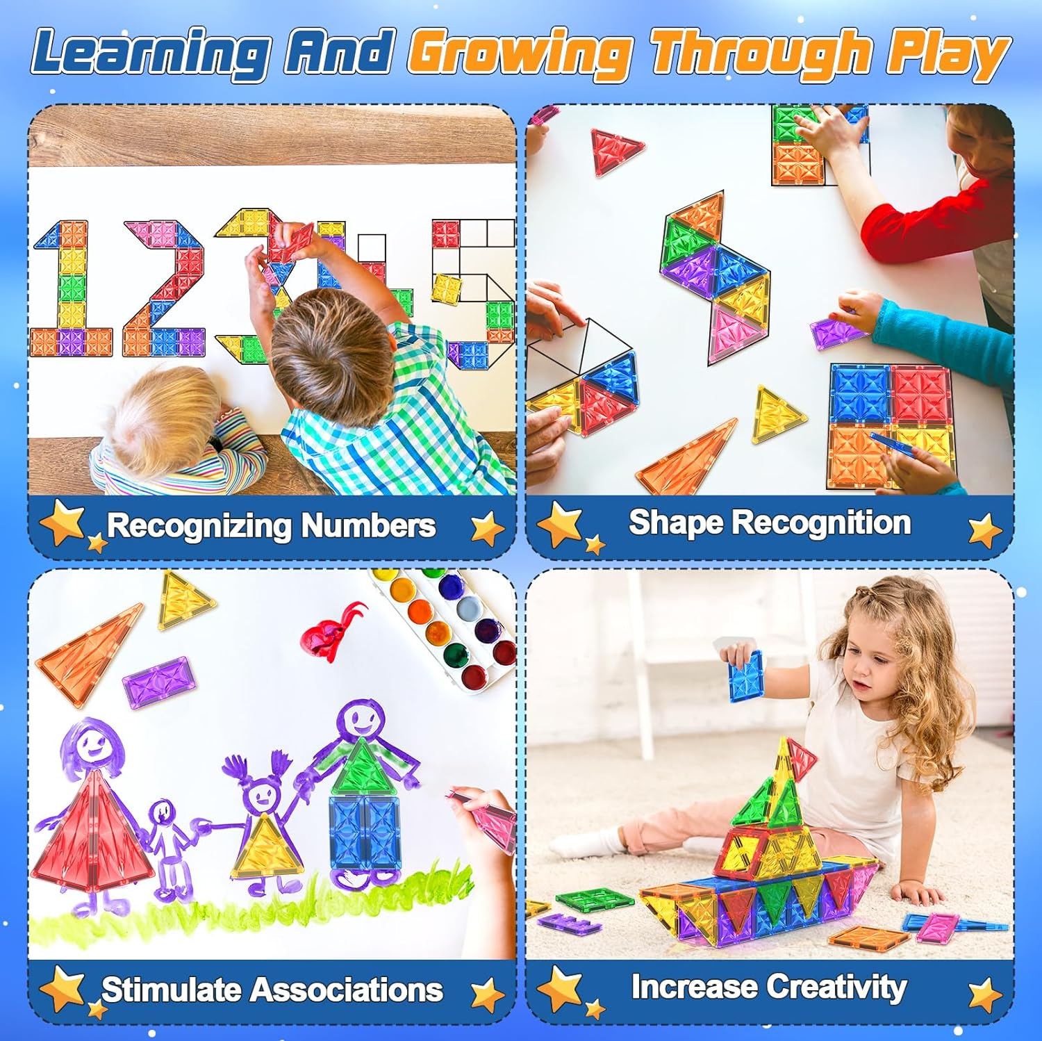 Magnetic Tiles Kids Toys STEM Magnet Toys for Toddler Magnetic Blocks ...