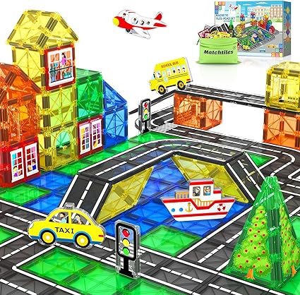 Magnetic Tiles Road Set with Cars for Toddlers, Magnetic Blocks for Kids Ages 3-5 4-8 5-7, Gifts for 3+ Year Old Boys Girls Kids Toys Classroom Must Haves, Magnet Building Blocks Expansion Pack