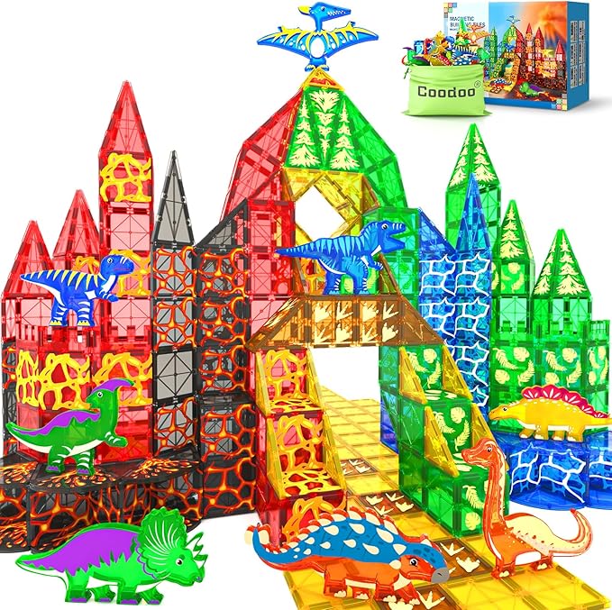 Educational 102PCS Dinosaur Toys Magnetic Tiles with 8 Dinosaurs for Kids 3-5 5-7