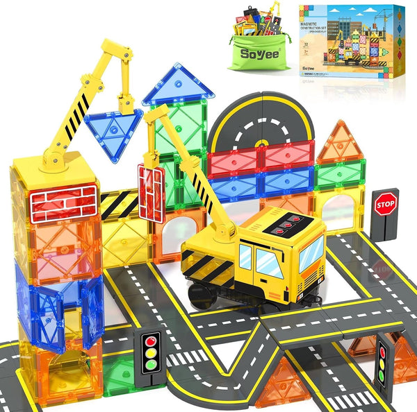 Magworld® Magnetic Tiles Construction Set with Crane, Road Pieces and Truck Magnetic Blocks STEM Building Toys for Kids 3+, 4 5 6 7 8 Year Old Boys Birthday Gifts - Improves Fine Motor & Problem-Solving Skills