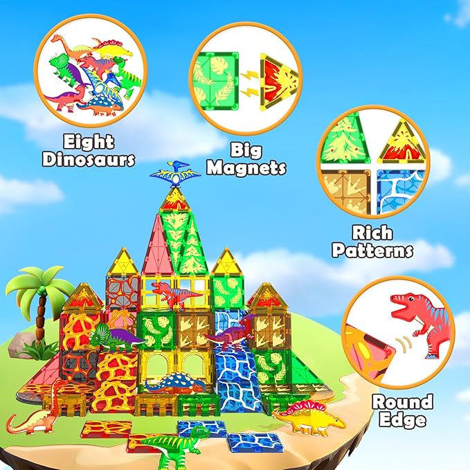 102PCS Dinosaur Toys Magnetic Tiles With 8 Dinosaurs - Jurassic Scenes Dinosaur World Adventure Set Magnetic Blocks Kids Toys Boys Girls Ages 3 Sensory Todd