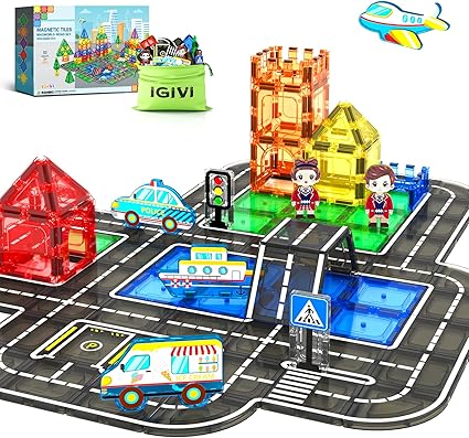 Magnetic Tiles City Road Set with Magnet Car Toys, Magnetic Blocks Building Toys for Kids, STEM Construction Toys for Toddlers,Toy Gifts for 3+ Year Old Boys & Girls