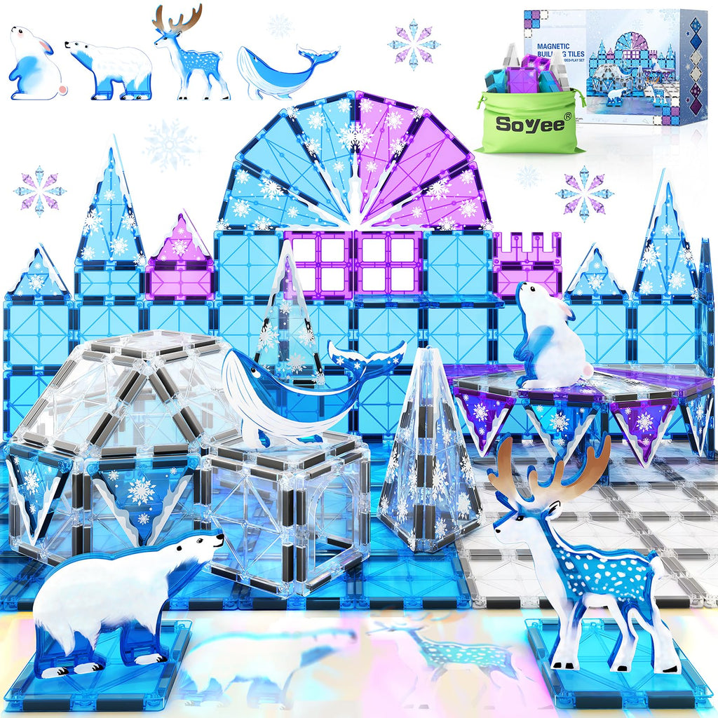 Magnetic Tiles Arctic Animals Wintry Prints Winter Snow Toys for Ages 3-5 5-7 6-8 Magnet Building Blocks Kids Games Frozen Toys Gifts for 3 4 5 6 7 8 + Years Old Girls Boys