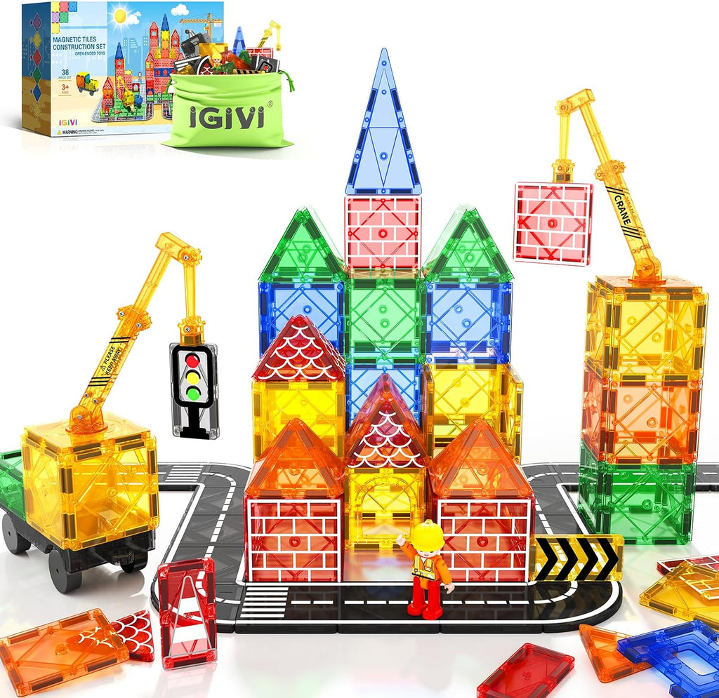 Kids Toys & Games - Magnetic Tiles Construction Set with Magnet Crane Car Toys, Compatible with Road Set, STEM Sensory Toys for Toddlers 3 Year Old, Building Blocks for Boys Girls Ages 4-8 5-7