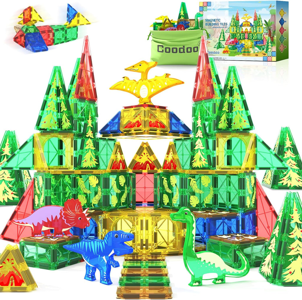 Dinosaur Toys Magnetic Tiles - Magnet Building Blocks for Toddler Kids Toys STEM Sensory Outdoor Toys for 3+ Year Old Boys and Girls, Dinosaur World Creative Games Kids Toys