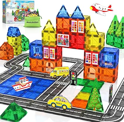 Magworld® Magnetic Tiles Road Set with Cars, Magnetic Blocks Toys for Toddlers STEM Preschool Toys Ages 4-6 5-7, Gifts for 3+ Year Old Boys Girls Kids Toys, Magnet Building Blocks Expansion Pack