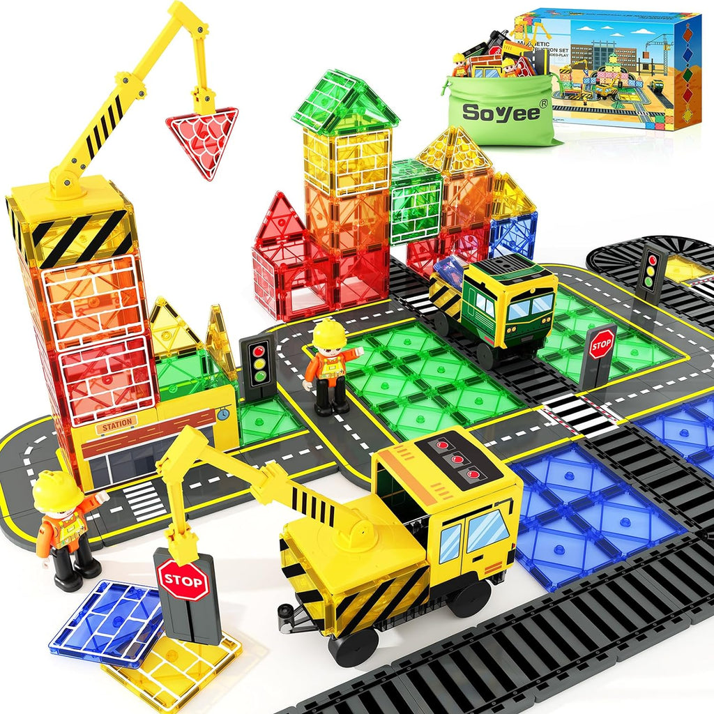 Magnetic Tiles Magnetic Construction Set with 2 Cranes Boys Toys for Ages 3-5 5-7 8-10 Building Toys Includes Crane, Road Tracks, Train, Train Tracks, Dolls, Car Toy, Traffic Lights and Stations