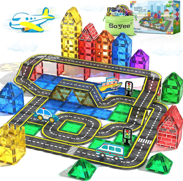Magnetic Tiles Road City Set Boys Toys Ages 3 4 5 6 7 8 with 4 Transport Car Toys Magnet Building Blocks Toddler Toys Road Adventure Printed Street Speedway Highway Gifts for 3+ Year Old Boys Girls