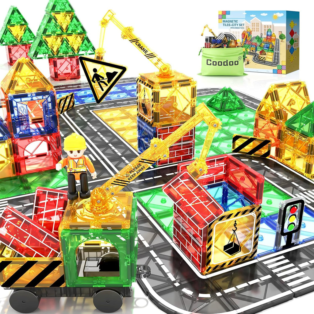 Kids Games Magnetic Tiles Road Set with Extendable Magnetic Crane, City Construction Building Toys for Toddlers STEM Preschool Toys Ages 4-6 5-7, Gifts for 3+ Year Old Boys Girls Kids Toys with Car