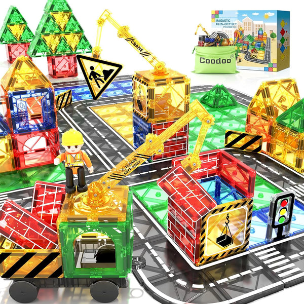 Kids Games Magnetic Tiles Road Set with Extendable Magnetic Crane, City Construction Building Toys for Toddlers STEM Preschool Toys Ages 4-6 5-7, Gifts for 3+ Year Old Boys Girls Kids Toys with Car