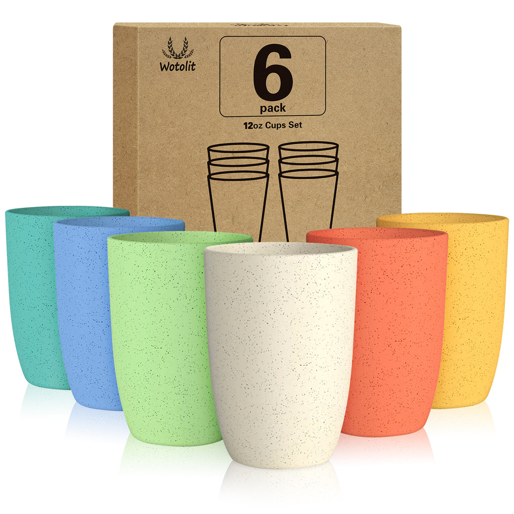 Wotolit Wheat Straw Cups Plastic Cups Unbreakable Drinking Cup Reusable Dishwasher Safe Water Glasses Colorful (12OZ 6PCS)