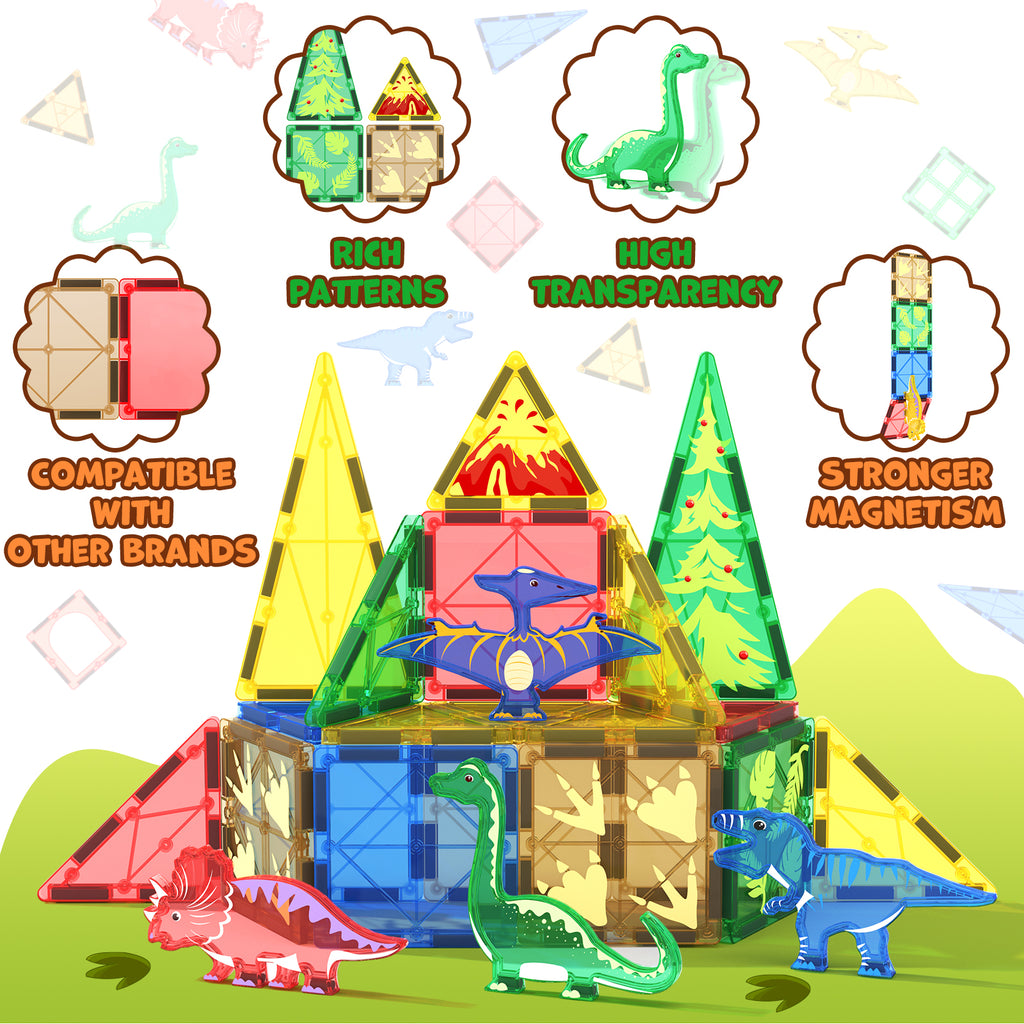 Magworld® Dinosaur Toys Magnetic Tiles Building Blocks Kids Toys - Dinosaur World STEM Magnet Toys for Toddlers Creative Construction Play for 3+ Year Old Boys Girls Ideal Preschool Learning Sensory Toys