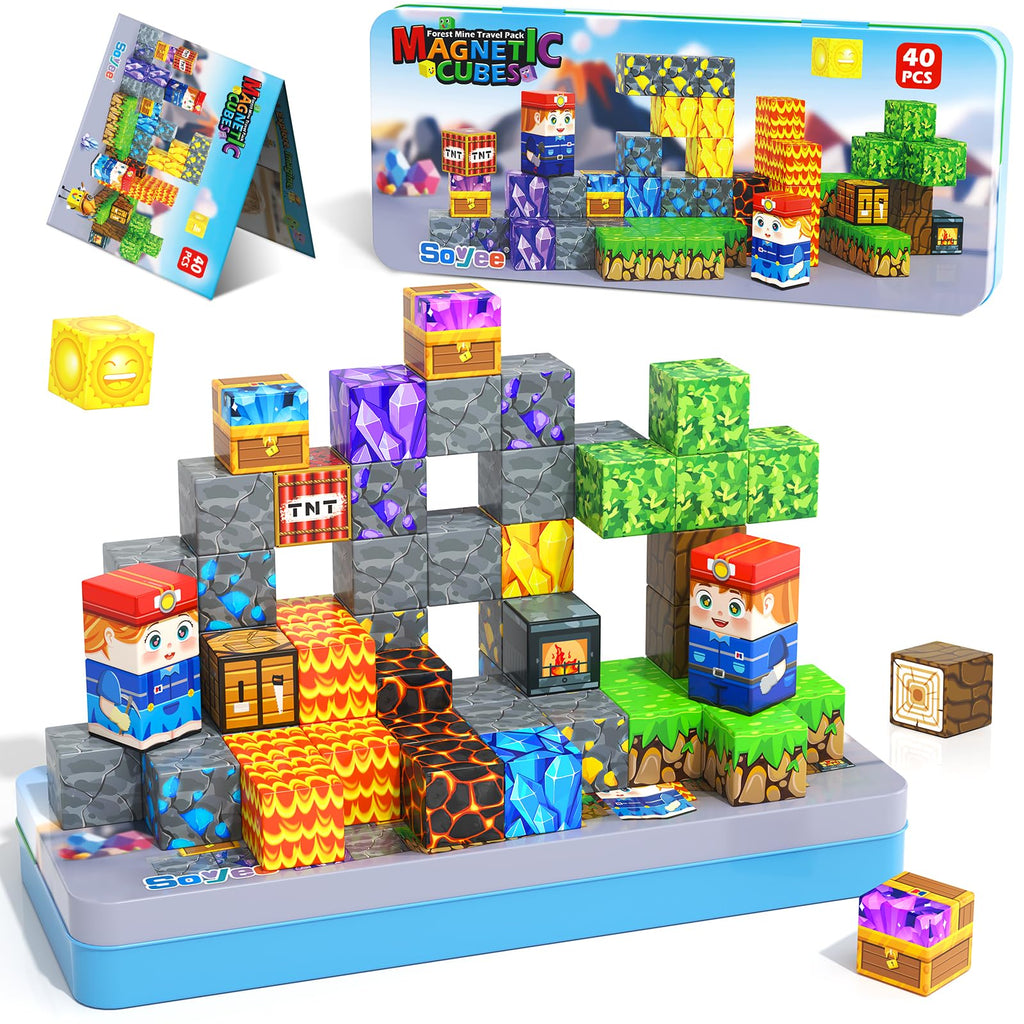 Magnetic Blocks Travel Toys with Metal Tin Travel Essentials STEM Learning Outdoor Building Kids Toddler Toys & Birthday Gifts for Boys Girls Ages 3+