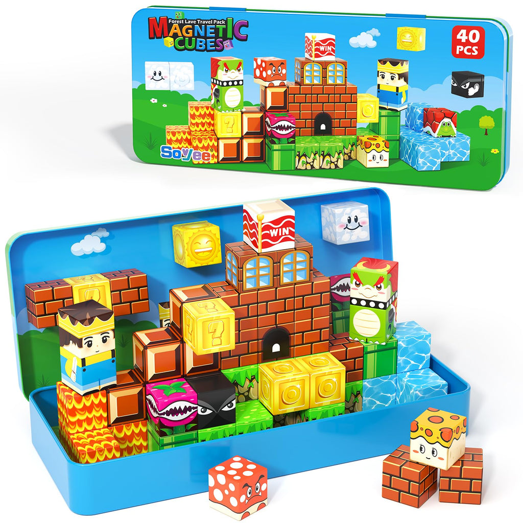 Magnetic Blocks Travel Toys with Portable Metal Tin - STEM Magnet Building Blocks Toddler Kids Toys for 3 4 5 6 7 8 Year Old Boys & Girls Xmas Birthday Gifts Classroom Must Haves Decor