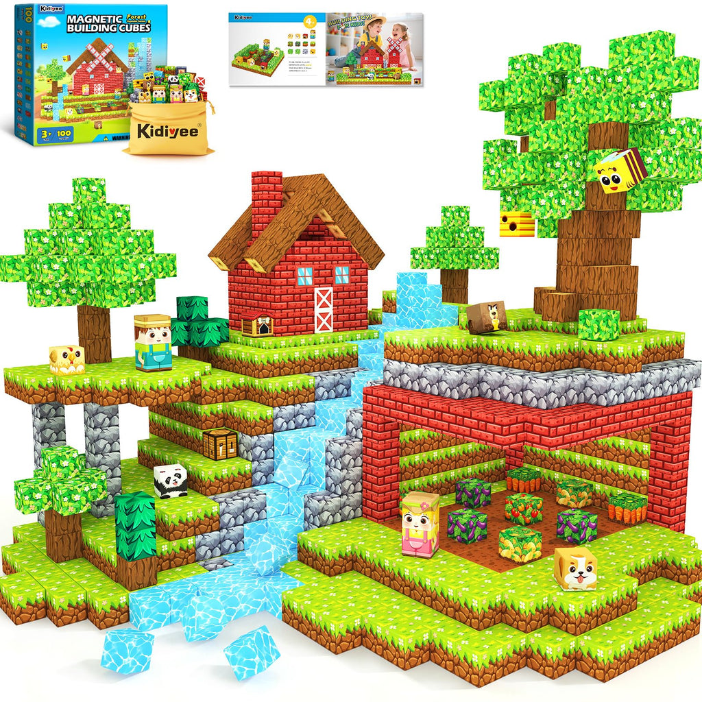 Magnetic Blocks, Build Mine Magnet World Forest Farm Edition, Magnetic Building Blocks for Kids Ages 4-6 6-8 8-12, Sensory STEM Toys for Boys & Girls