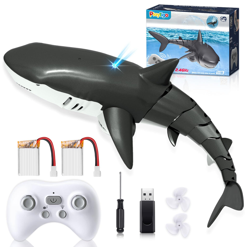 2.4Ghz Remote Control Shark Toys for Boys Kids,Highly Realistic Shark Pool Toys for Kids,RC Boat Outdoor Water Toy with Light and Spray Water for Boys Girls Ages 6+ (with 2 Batteries)