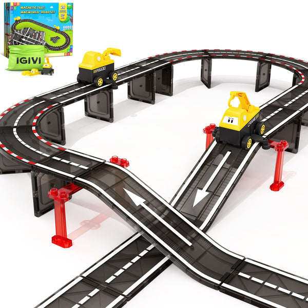 Magnetic Tiles Road Race Track with Engineering Car, Magnetic Building Blocks for Toddler Kids Toys, Educational Construction Toys Gift for 3+ Year Old Boys and Girls