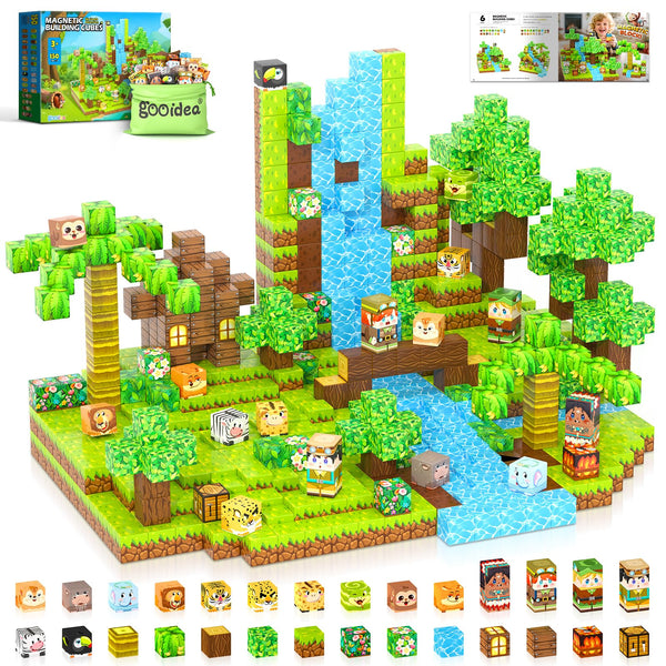 150 Magnetic Blocks – Mine Magnet Game Building Craft, STEM Constructions Toy, Jungle Animals, Sensory Stacking Cubes Kids Toys, Christmas Birthday Gifts for Boys Girls Age 3-5, 5-7, 4-8, 8-12