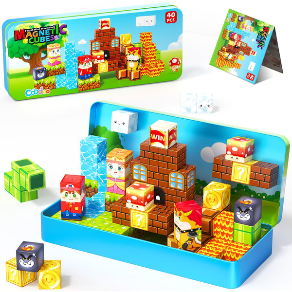 Magnetic Blocks Travel Toys with Portable Metal Tin – Toddler Magnet Tiles Building Blocks STEM, Montessori Kids Toys for 3+ Year Old Boys & Girls, Classroom Must Haves, and Sensory Toys
