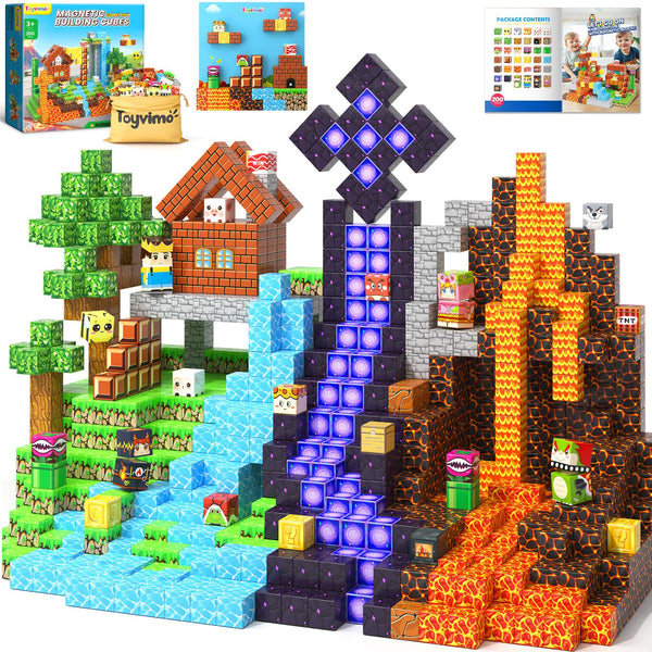 200PCS Magnetic Blocks Toys for Kids Ages 3-5 6-8 8-12 with Magnetic Board Sensory Kids Toys Stacking Blocks, Build Mine Magnet World-3 4 5 6 7 8 9 10 Year Old Boy Girls Birthday Gifts