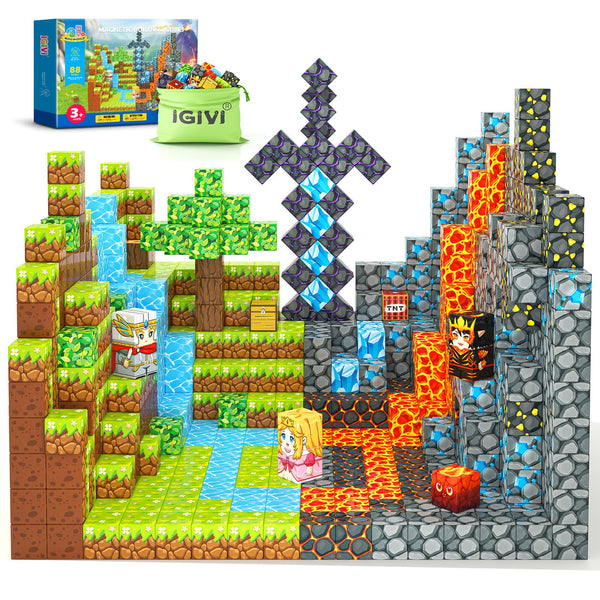 Magnetic Blocks - Build Mine Magnet World Lava Valley Set, 1" Magnetic Cube Building Toys for Kids Ages 3+, Montessori Sensory Toys for Toddlers, Creative Game Themed Toy Gifts for Boys & Girls