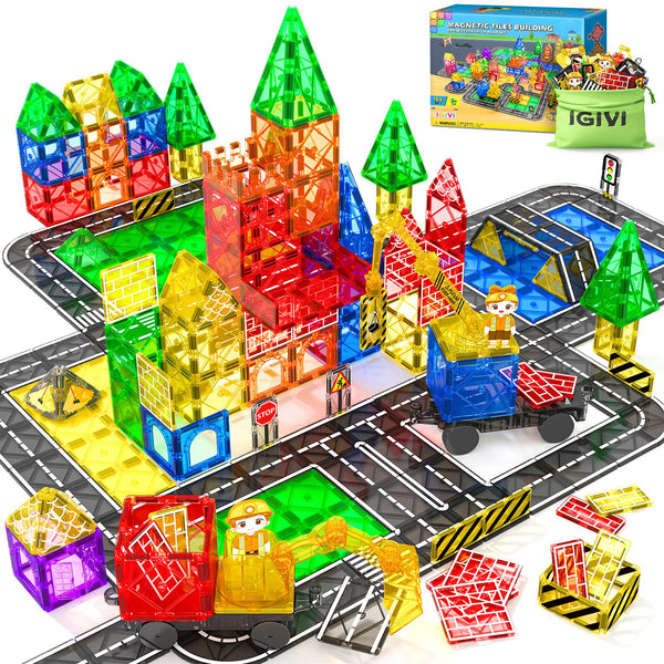 106PCS Magnetic Tiles Road Construction Set - STEM Magnet Building Blocks with Excavator & Crane - Educational Toys Games for Kids Ages 3-12 - Toddler Toys Gifts for Boys and Girls