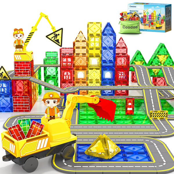 Magnetic Tiles Construction Set with Movable Excavator & Crane, STEM Magnetic Blocks Sensory Toys for Kids 3-5 Girls Boys Toys Age 4-6 6-8, Kids Games Outdoor Toy Birthday Gifts with Car
