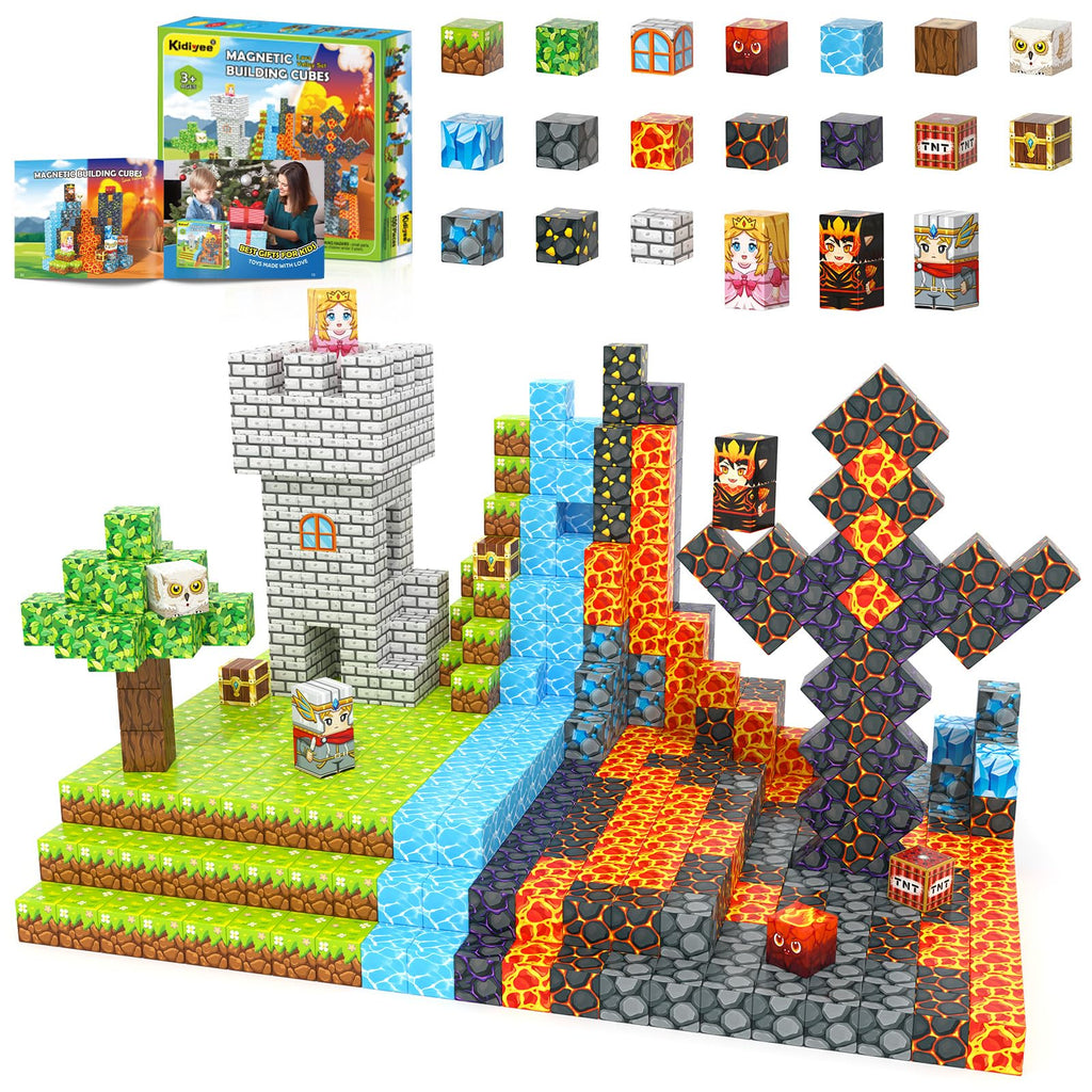 100PCS Magnetic Blocks -Build Mine Magnet World Forest & Lava Set, Magnet Building Toys for Kids Ages 5-7, STEM Sensory Toddler Toys for 3+ Year Old Boys & Girls, Creativity Birthday Gifts for Child