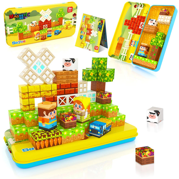 Soyee Magnetic Blocks Travel Toddler Toys Magnet Building Tiles Construction Cubes STEM Sensory Learning Farm Toys with Box Christmas Birthday Gifts for Kids Ages 3 4 5 6 7 8 Year Old Boys Girls