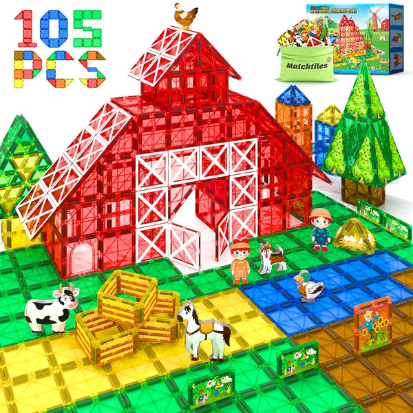 105PCS Magnetic Tiles with Farm Animals, Magnetic Blocks Building Toys for 3+ Year Old Toddler, Construction STEM Magnet Toys Gift for Kids, Boys and Girls 3 4 5 6 7 8+ Year Old