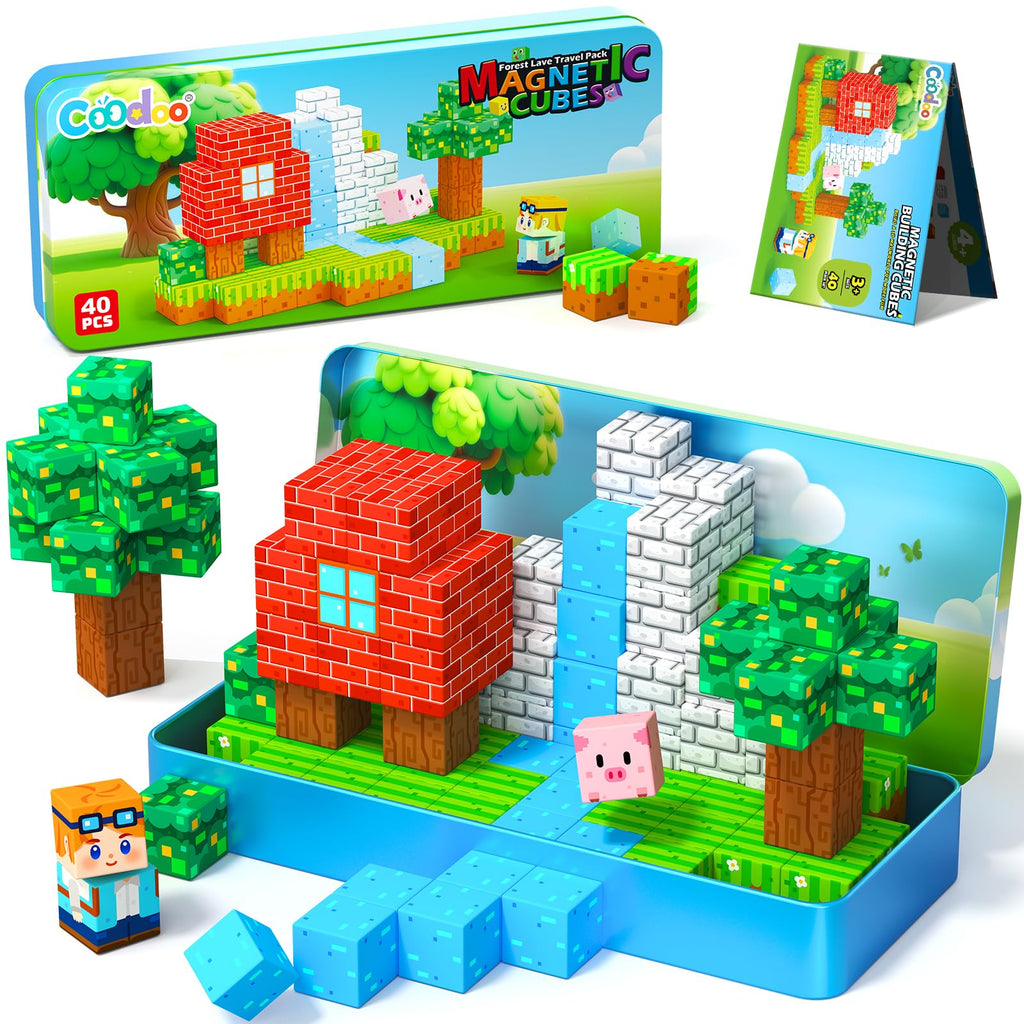 Magnetic Blocks Kids Travel Toys with Portable Metal Tin – Montessori Building Blocks STEM Magnet Magnetic Tiles Toddler Kids Toys for 3+ Year Old Boys & Girls, Classroom Must Haves Creative Gift