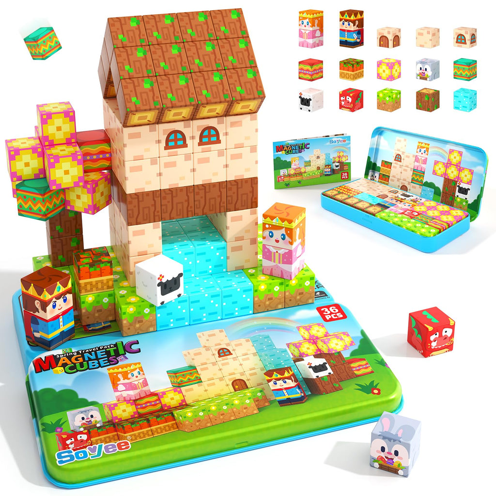 Soyee Mini Magnetic Blocks with Case - Portable Building Cubes Travel Toys for Kids Ages 4-8 Construction STEM Learning Set for Toddlers Build Mine Magnet World Xmas Birthday Gift for Boys Girls 3-5