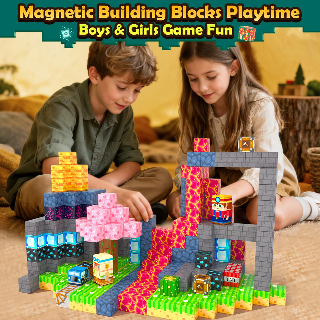 108PCS Magnetic Building Blocks - STEM Forest World Set With Light-Up Cubes For Kids Ages 3-12