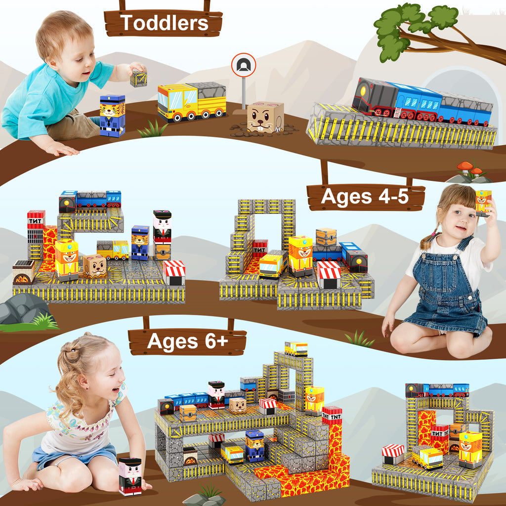 Magnetic Blocks - Build Mine Magnet World® Mine Train Track Set, Magnetic Building Blocks Toddler Toys STEM Sensory Outdoor Toys for 3+ Year Old Boys & Girls, Kids Toys for Ages 4-6 6-8 5-7