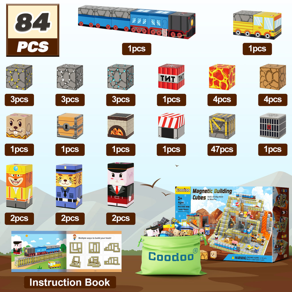 Magnetic Blocks - Build Mine Magnet World® Mine Train Track Set, Magnetic Building Blocks Toddler Toys STEM Sensory Outdoor Toys for 3+ Year Old Boys & Girls, Kids Toys for Ages 4-6 6-8 5-7