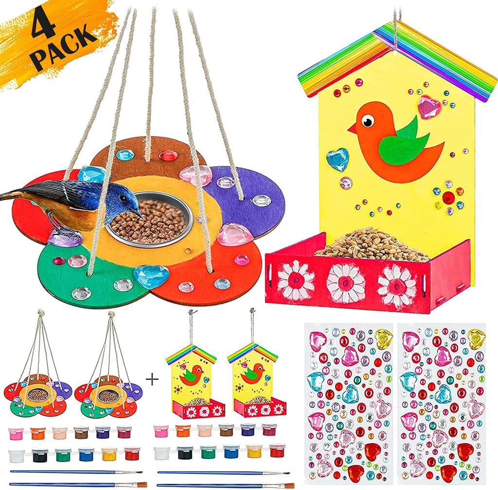 Kids Arts and Crafts 4-Pack Bird Feeders for Outdoor, DIY Wooden Painting Kits with Diamond Stickers, Educational Fun Kids Crafts Toys for Boys Girls Age 3-5 4-8 8-12